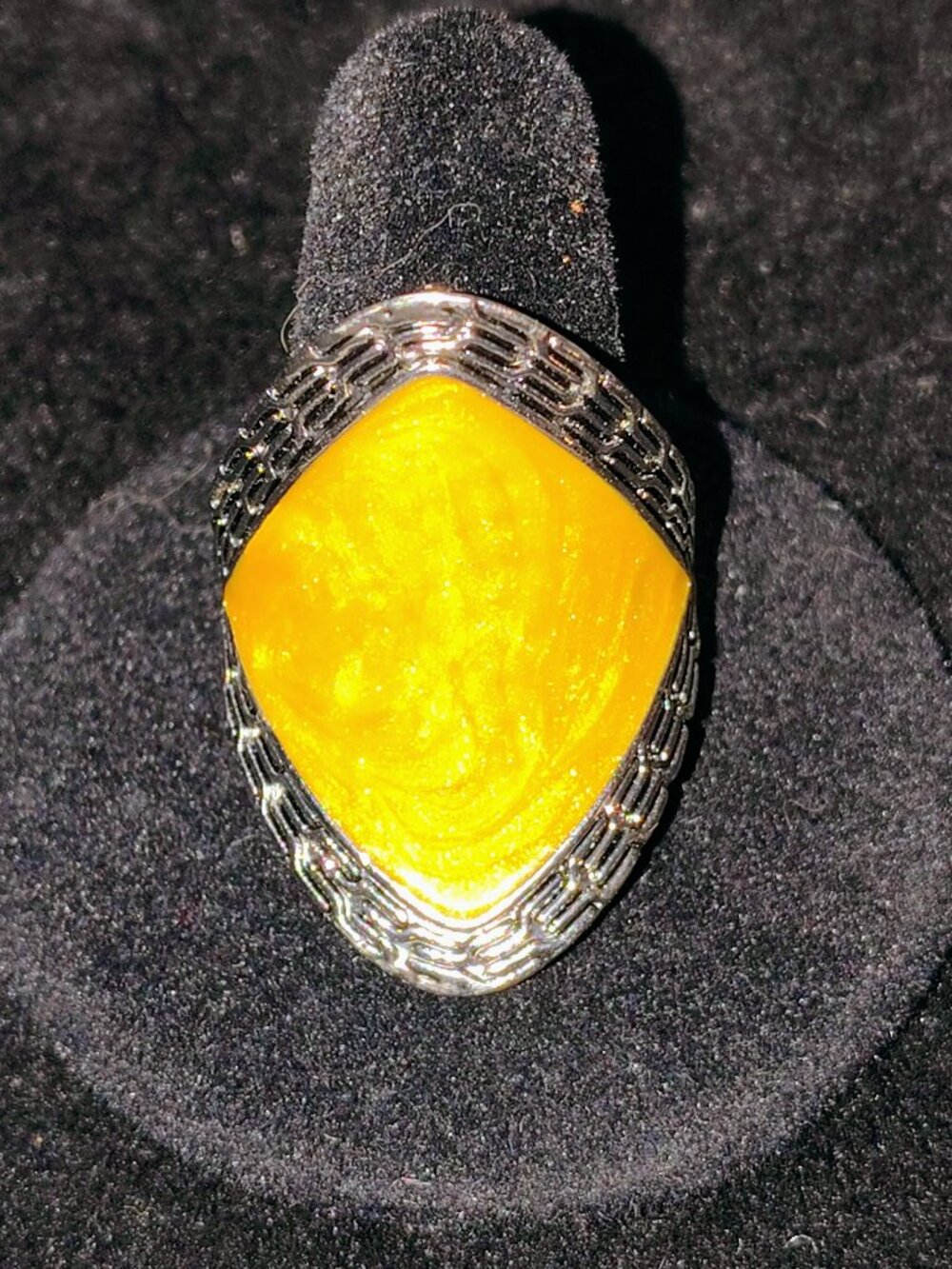 Vintage Sterling Silver Yellow Enamel Marquise Statement Ring – Size 8.5